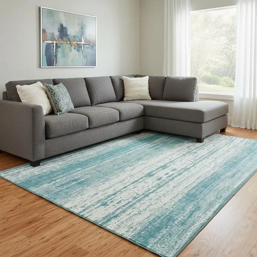 Teal And Ivory Striped Washable Area Rug With UV Protection Photo 1
