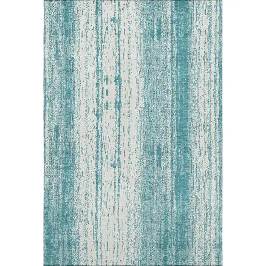 Teal And Ivory Striped Washable Area Rug With UV Protection Photo 7