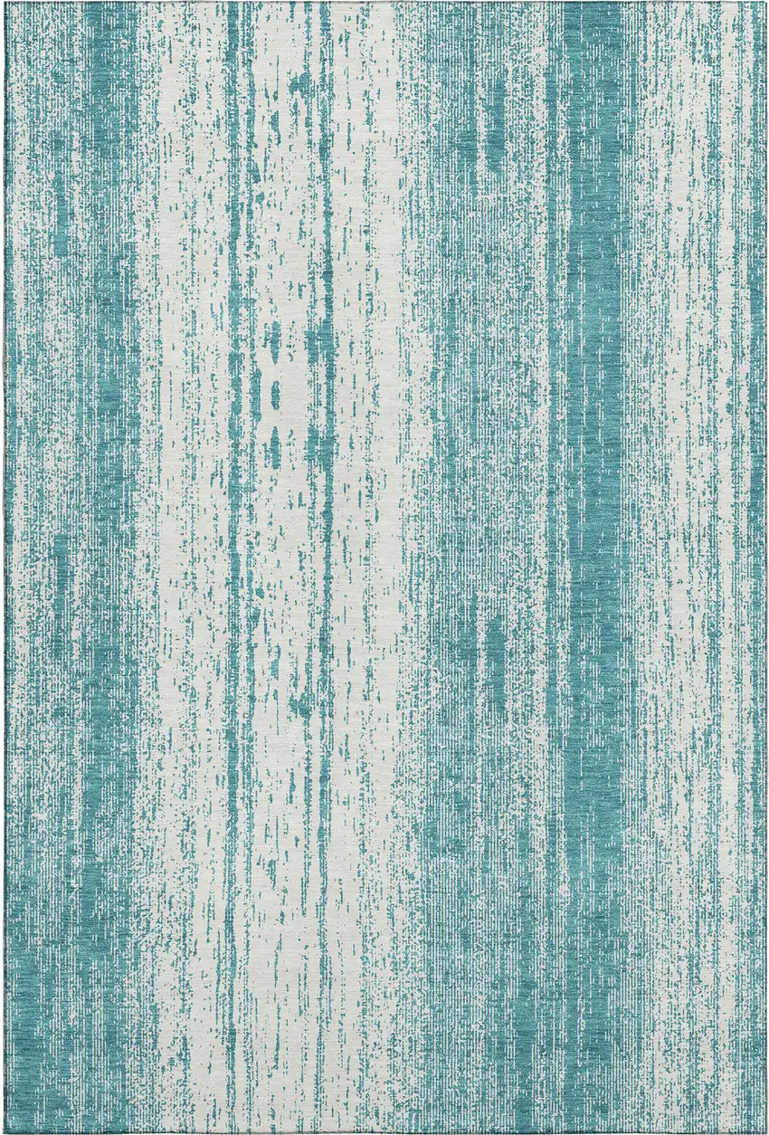 Teal And Ivory Striped Washable Area Rug With UV Protection Photo 7