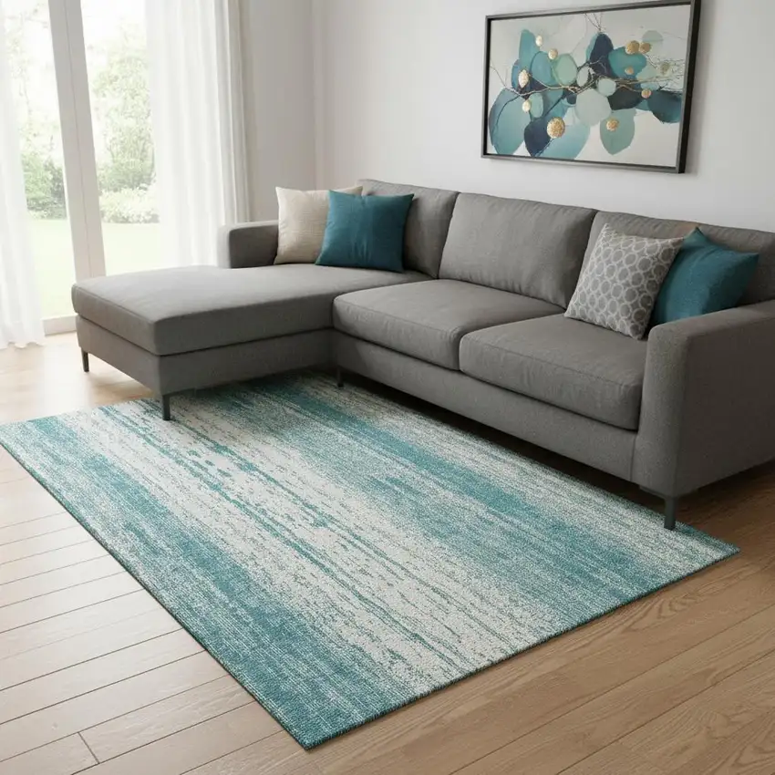 Teal And Ivory Striped Washable Area Rug With UV Protection Photo 1