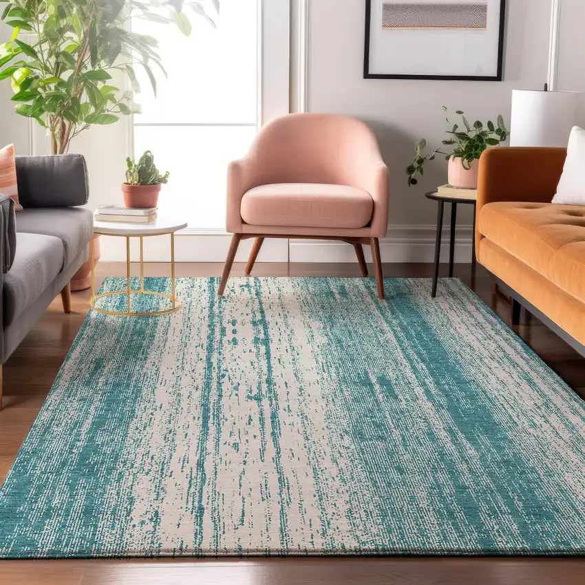 Teal And Ivory Striped Washable Area Rug With UV Protection Photo 5