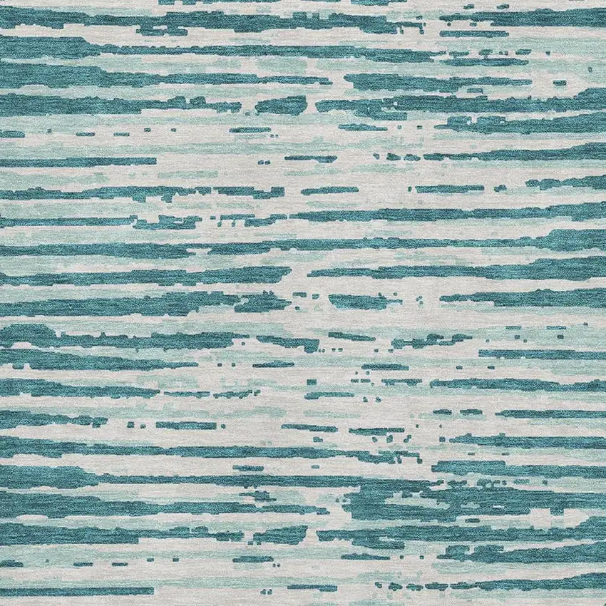 Teal And Ivory Striped Washable Area Rug With UV Protection Photo 3