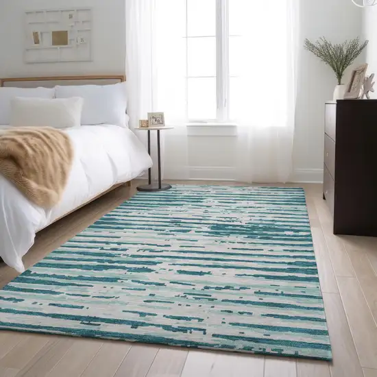 Teal And Ivory Striped Washable Area Rug With UV Protection Photo 5