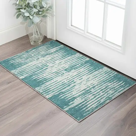 Teal And Ivory Striped Washable Area Rug With UV Protection Photo 2