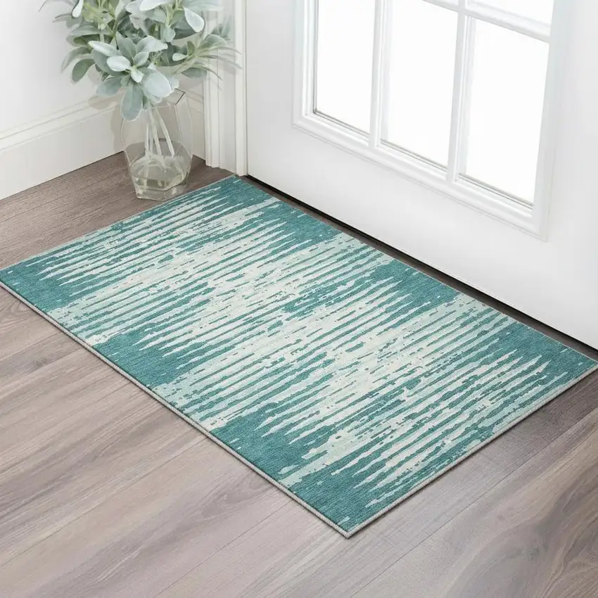 Teal And Ivory Striped Washable Area Rug With UV Protection Photo 2