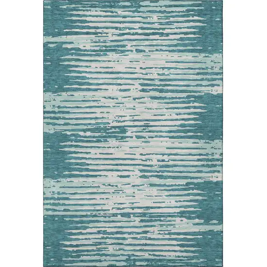 Teal And Ivory Striped Washable Area Rug With UV Protection Photo 4