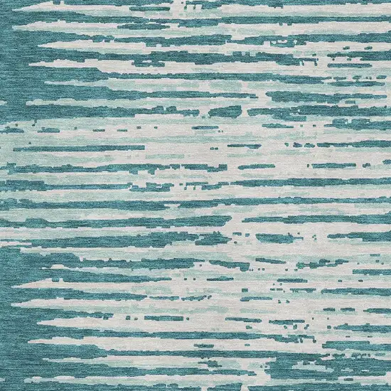 Teal And Ivory Striped Washable Area Rug With UV Protection Photo 3