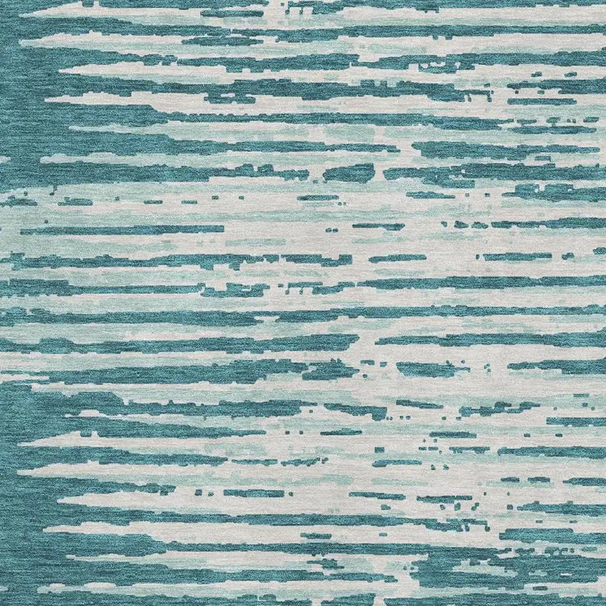 Teal And Ivory Striped Washable Area Rug With UV Protection Photo 3