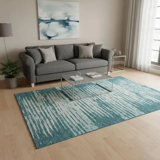 Teal And Ivory Striped Washable Area Rug With UV Protection Photo 2