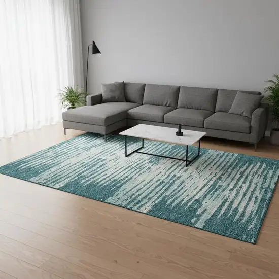 Teal And Ivory Striped Washable Area Rug With UV Protection Photo 2