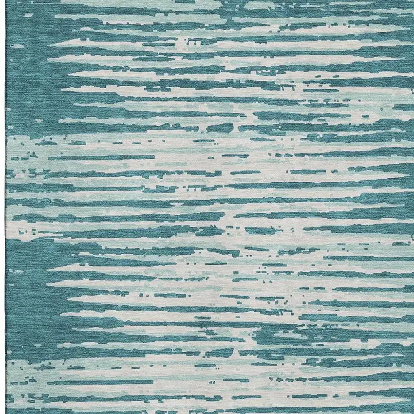 Teal And Ivory Striped Washable Area Rug With UV Protection Photo 3