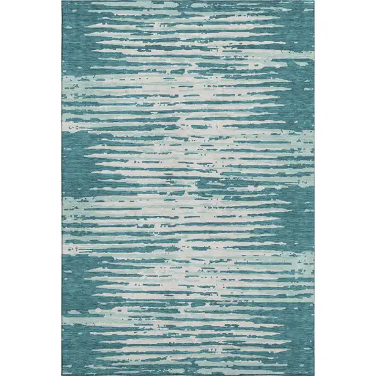 Teal And Ivory Striped Washable Area Rug With UV Protection Photo 1