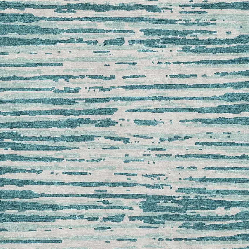 Teal And Ivory Striped Washable Area Rug With UV Protection Photo 3