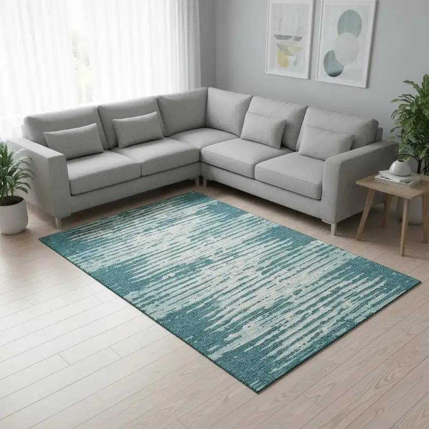 Teal And Ivory Striped Washable Area Rug With UV Protection Photo 2