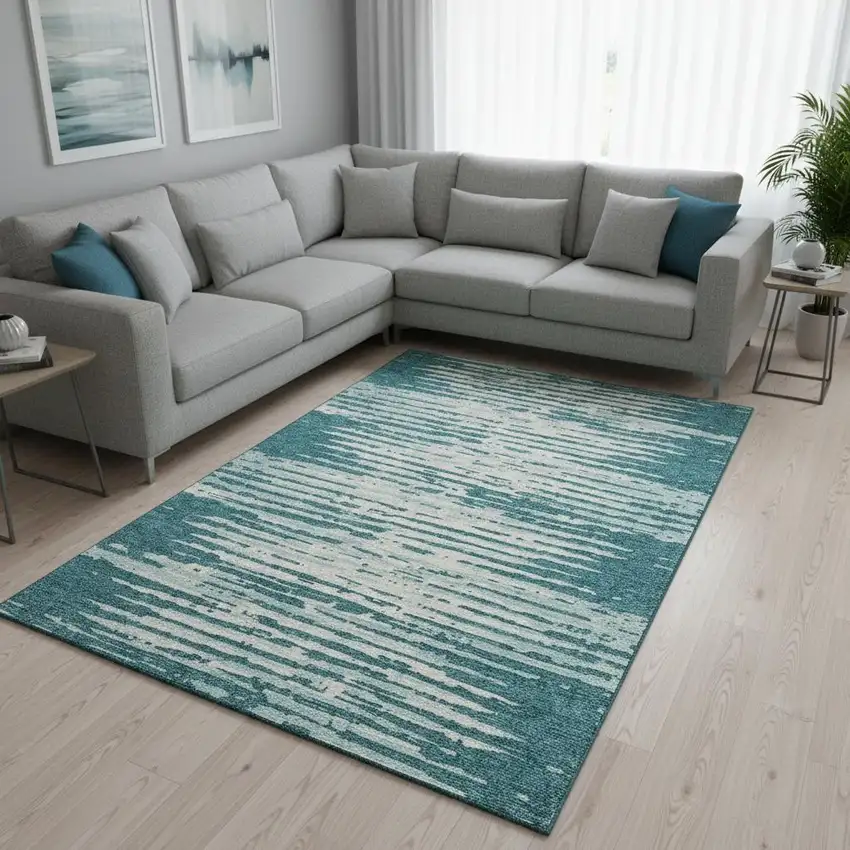 Teal And Ivory Striped Washable Area Rug With UV Protection Photo 2