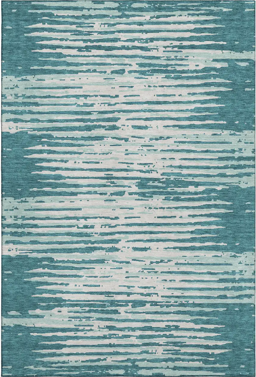 Teal And Ivory Striped Washable Area Rug With UV Protection Photo 1
