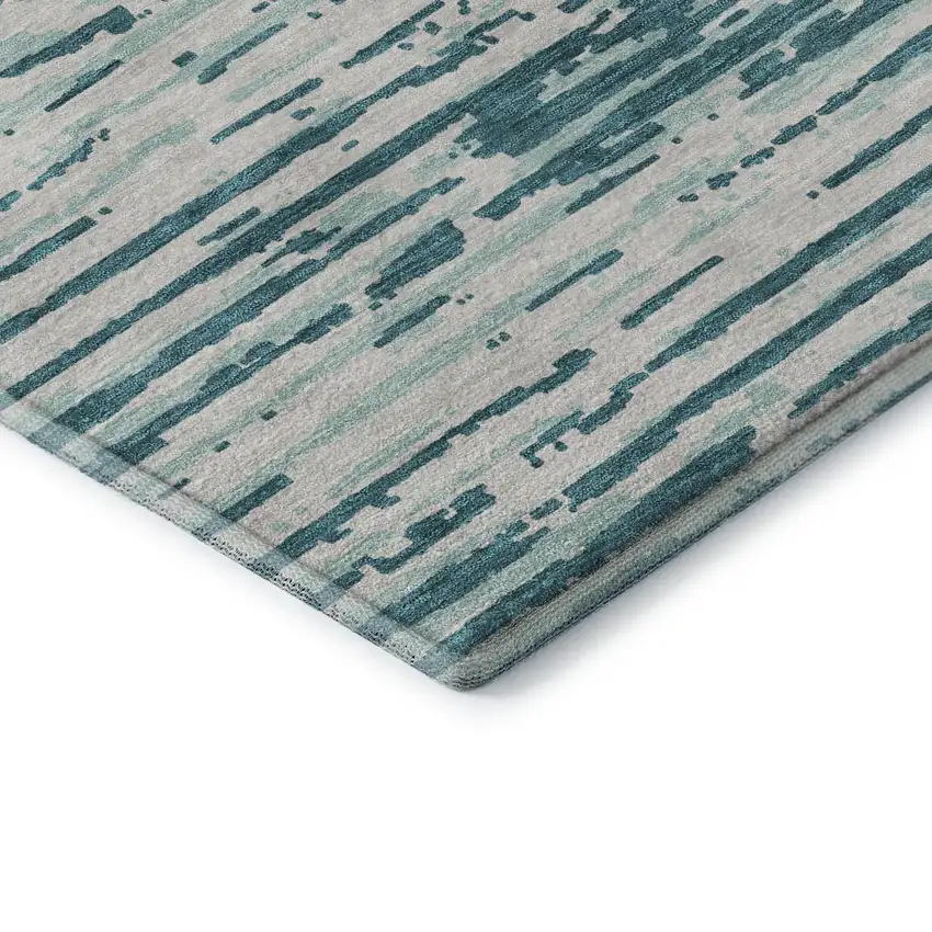 Teal And Ivory Striped Washable Area Rug With UV Protection Photo 7