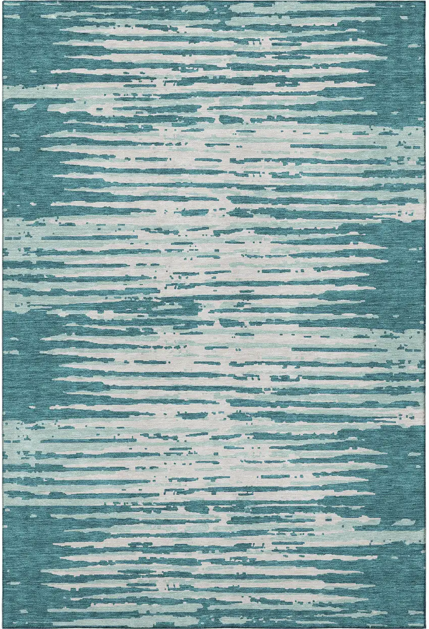 Teal And Ivory Striped Washable Area Rug With UV Protection Photo 3