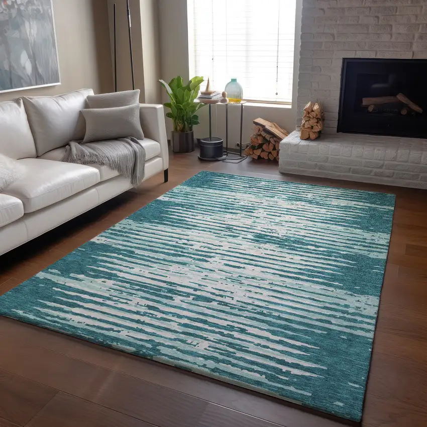Teal And Ivory Striped Washable Area Rug With UV Protection Photo 5