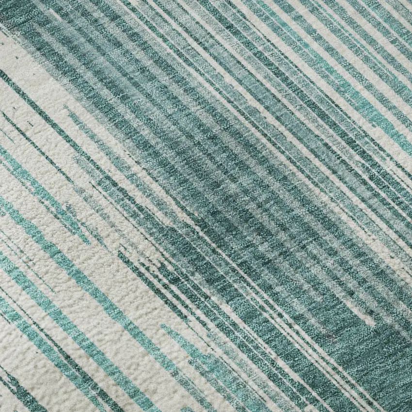 Teal And Ivory Striped Washable Area Rug With UV Protection Photo 1