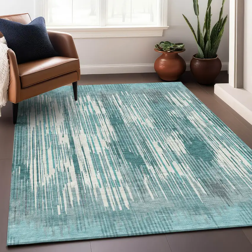 Teal And Ivory Striped Washable Area Rug With UV Protection Photo 4