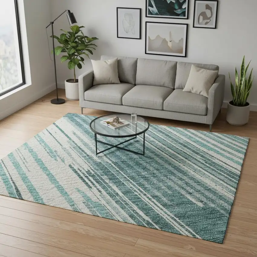 Teal And Ivory Striped Washable Area Rug With UV Protection Photo 2