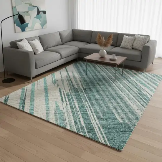 Teal And Ivory Striped Washable Area Rug With UV Protection Photo 2