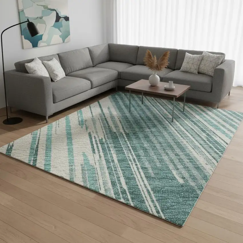 Teal And Ivory Striped Washable Area Rug With UV Protection Photo 2