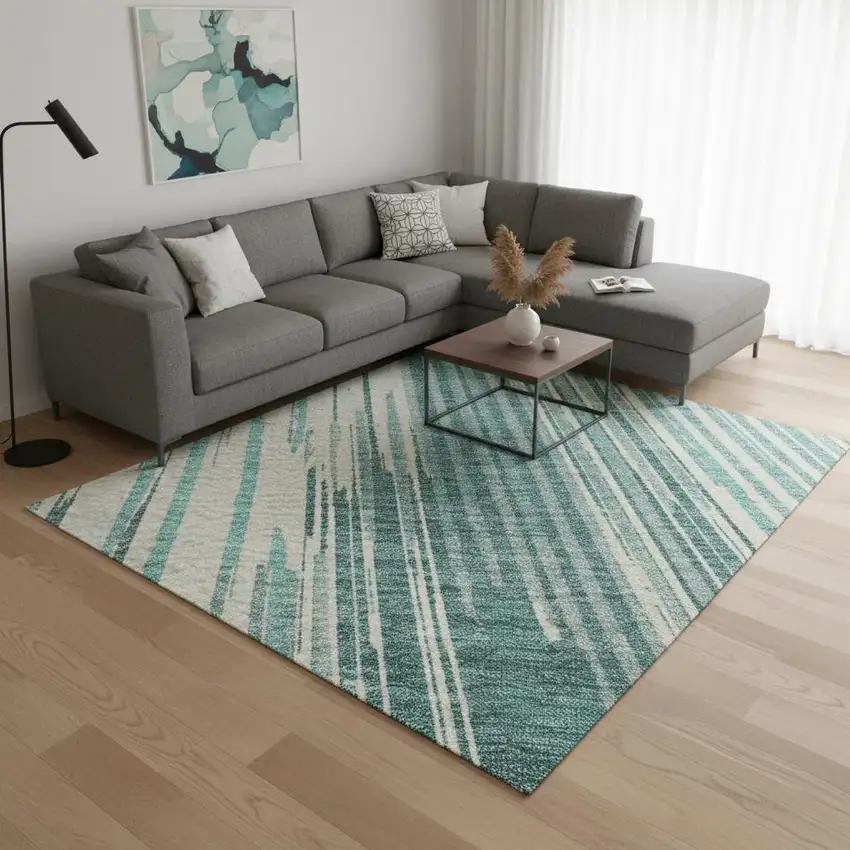 Teal And Ivory Striped Washable Area Rug With UV Protection Photo 2
