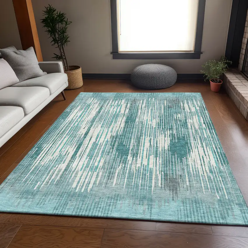 Teal And Ivory Striped Washable Area Rug With UV Protection Photo 4