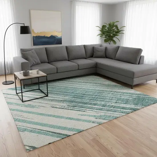 Teal And Ivory Striped Washable Area Rug With UV Protection Photo 2