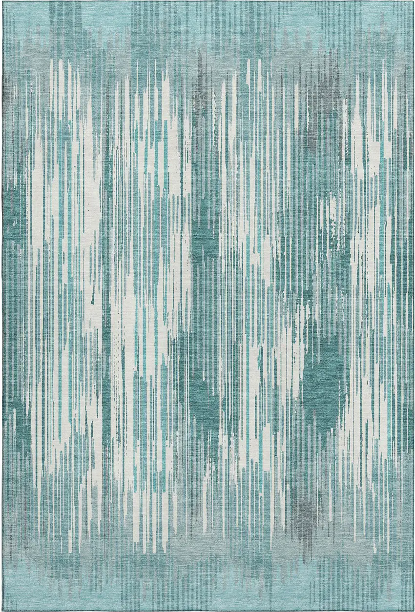 Teal And Ivory Striped Washable Area Rug With UV Protection Photo 6