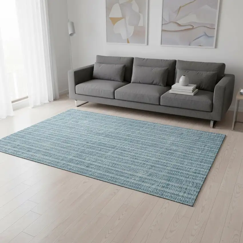 Teal And Ivory Striped Washable Area Rug With UV Protection Photo 2