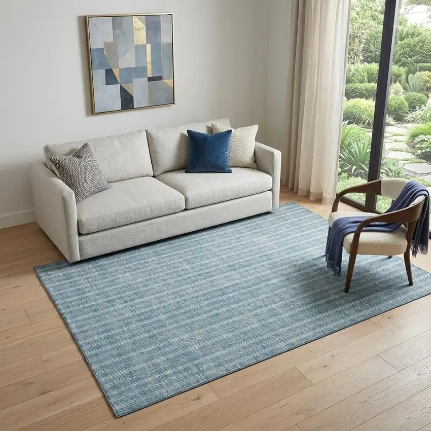 Teal And Ivory Striped Washable Area Rug With UV Protection Photo 1