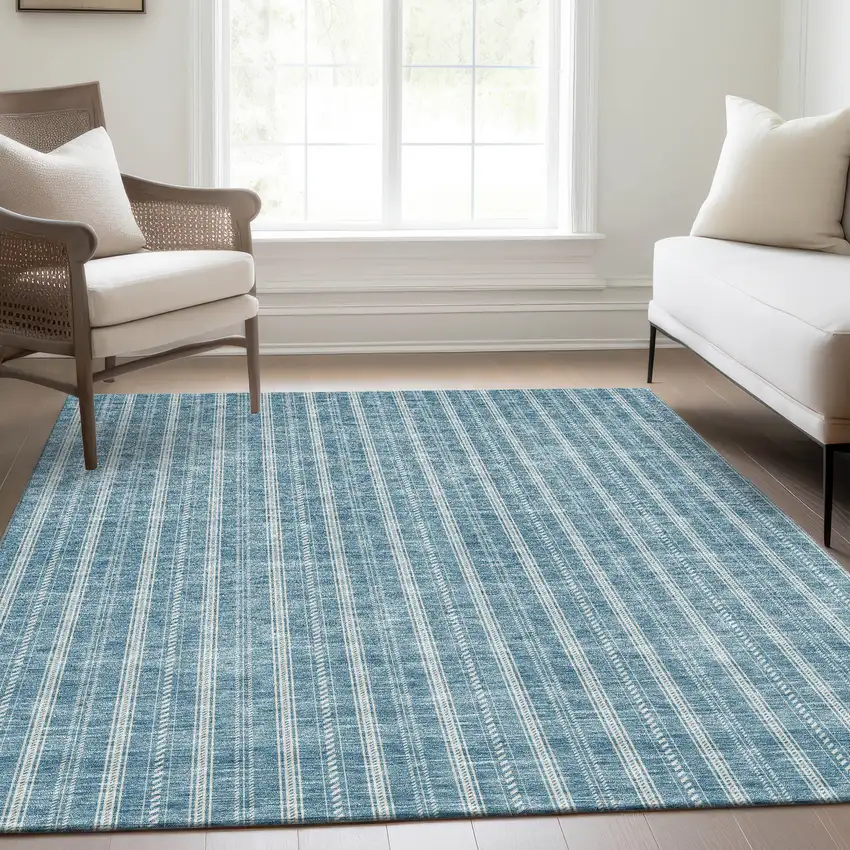 Teal And Ivory Striped Washable Area Rug With UV Protection Photo 5