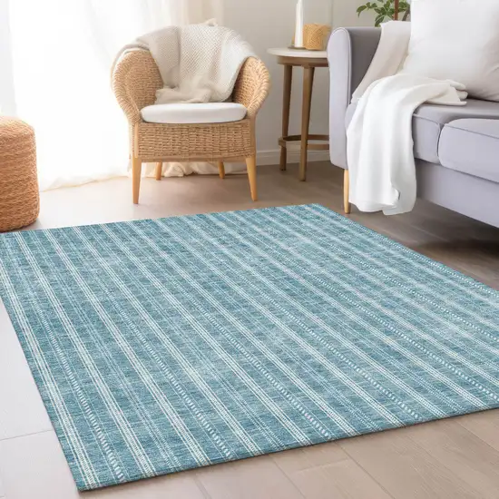 Teal And Ivory Striped Washable Area Rug With UV Protection Photo 4