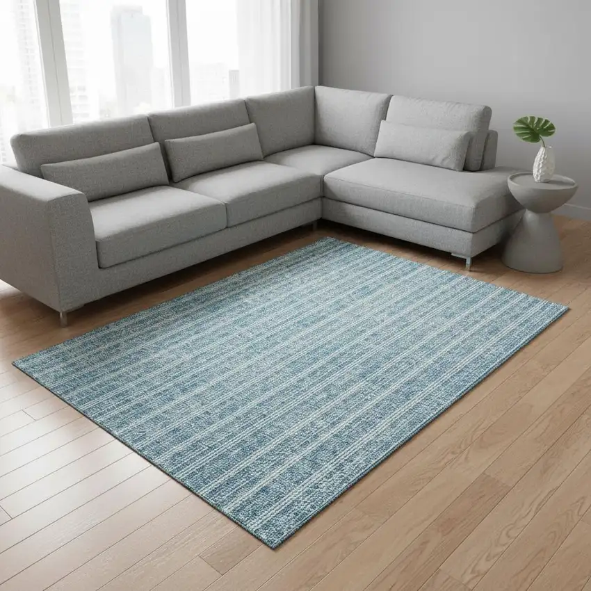 Teal And Ivory Striped Washable Area Rug With UV Protection Photo 2
