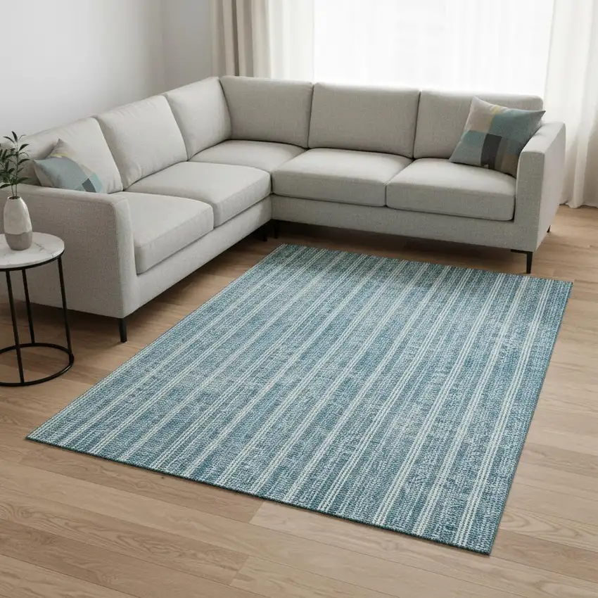 Teal And Ivory Striped Washable Area Rug With UV Protection Photo 2