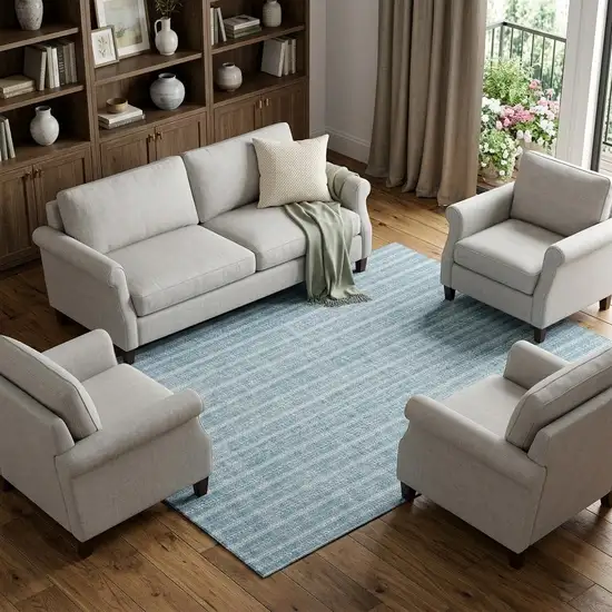 Teal And Ivory Striped Washable Area Rug With UV Protection Photo 1