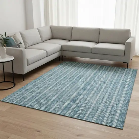 Teal And Ivory Striped Washable Area Rug With UV Protection Photo 2