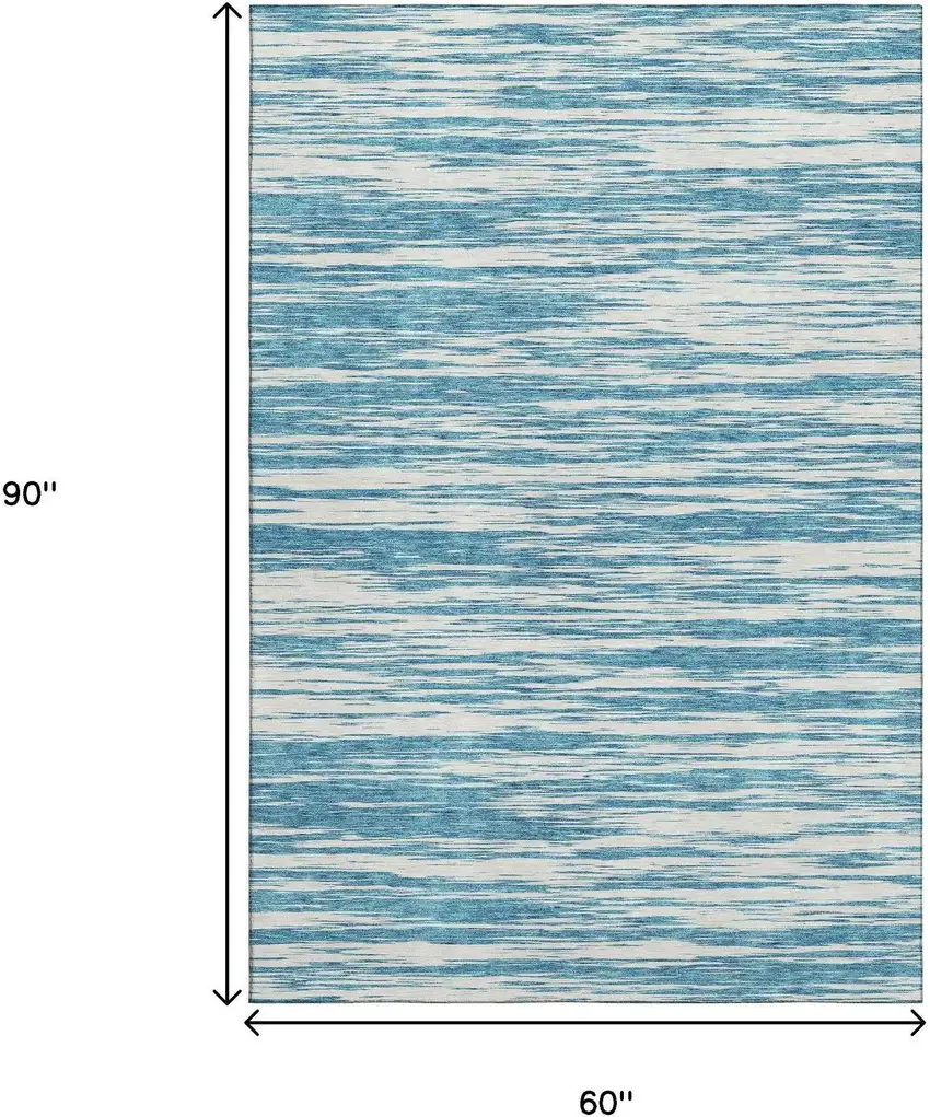 Teal And Ivory Striped Washable Area Rug With UV Protection Photo 9
