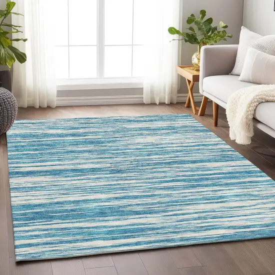 Teal And Ivory Striped Washable Area Rug With UV Protection Photo 4