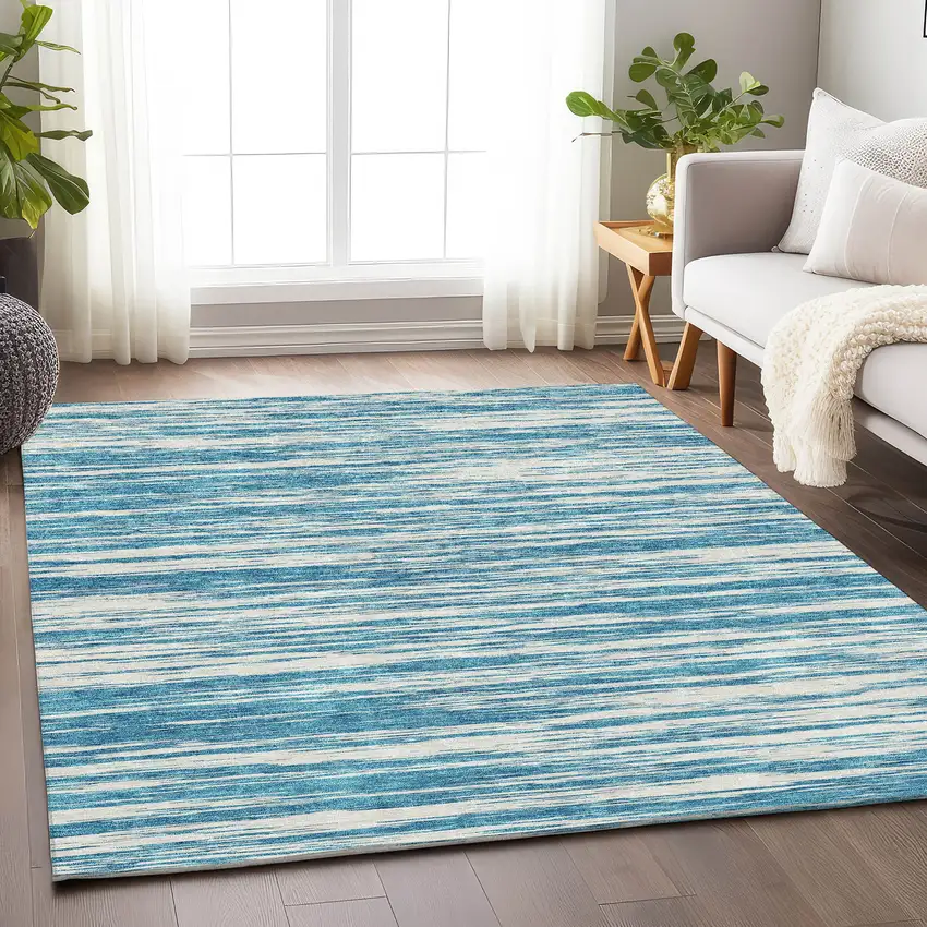 Teal And Ivory Striped Washable Area Rug With UV Protection Photo 4