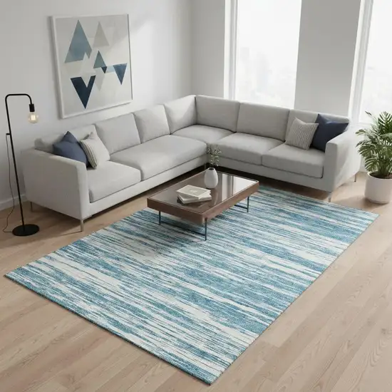 Teal And Ivory Striped Washable Area Rug With UV Protection Photo 2