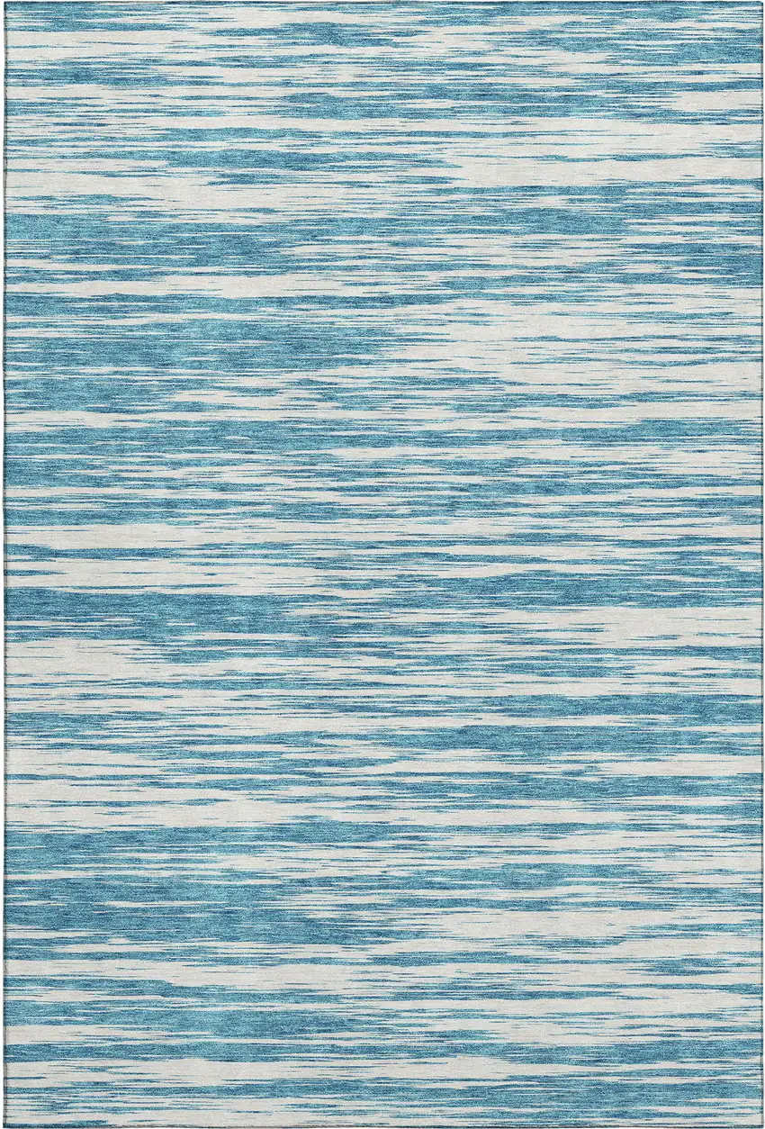 Teal And Ivory Striped Washable Area Rug With UV Protection Photo 1