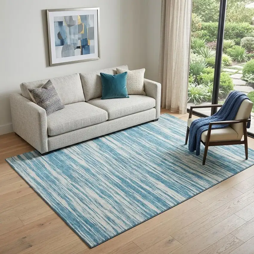 Teal And Ivory Striped Washable Area Rug With UV Protection Photo 1