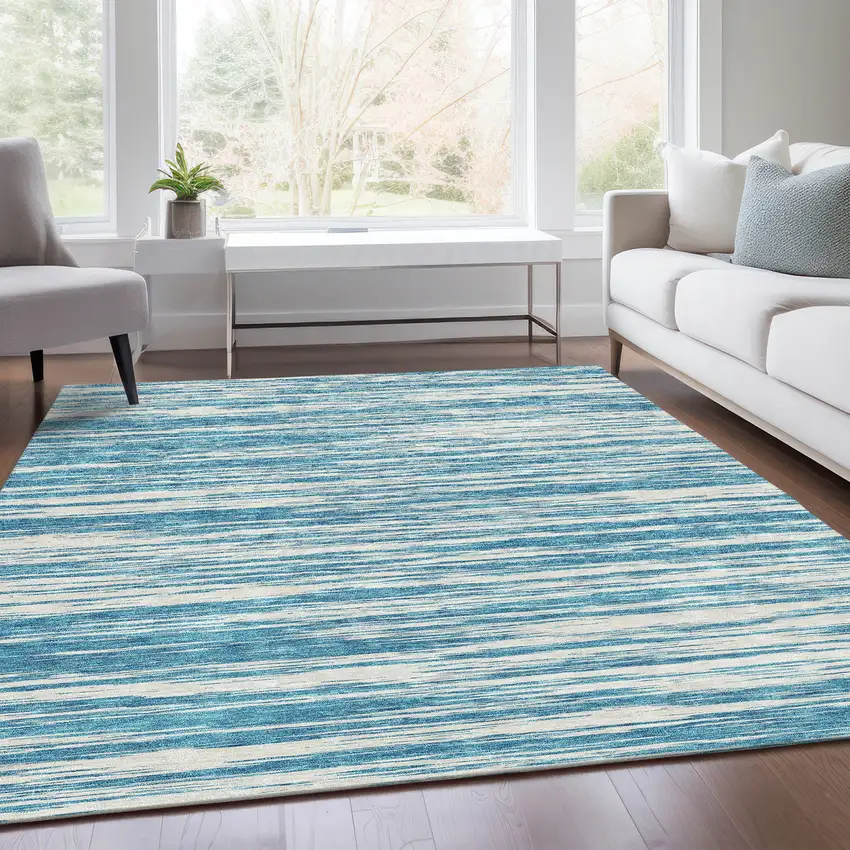 Teal And Ivory Striped Washable Area Rug With UV Protection Photo 4