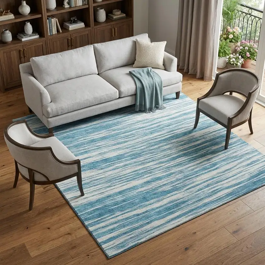Teal And Ivory Striped Washable Area Rug With UV Protection Photo 1