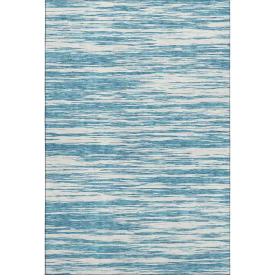 Teal And Ivory Striped Washable Area Rug With UV Protection Photo 1