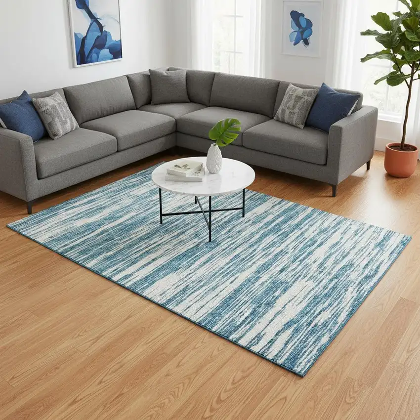 Teal And Ivory Striped Washable Area Rug With UV Protection Photo 2